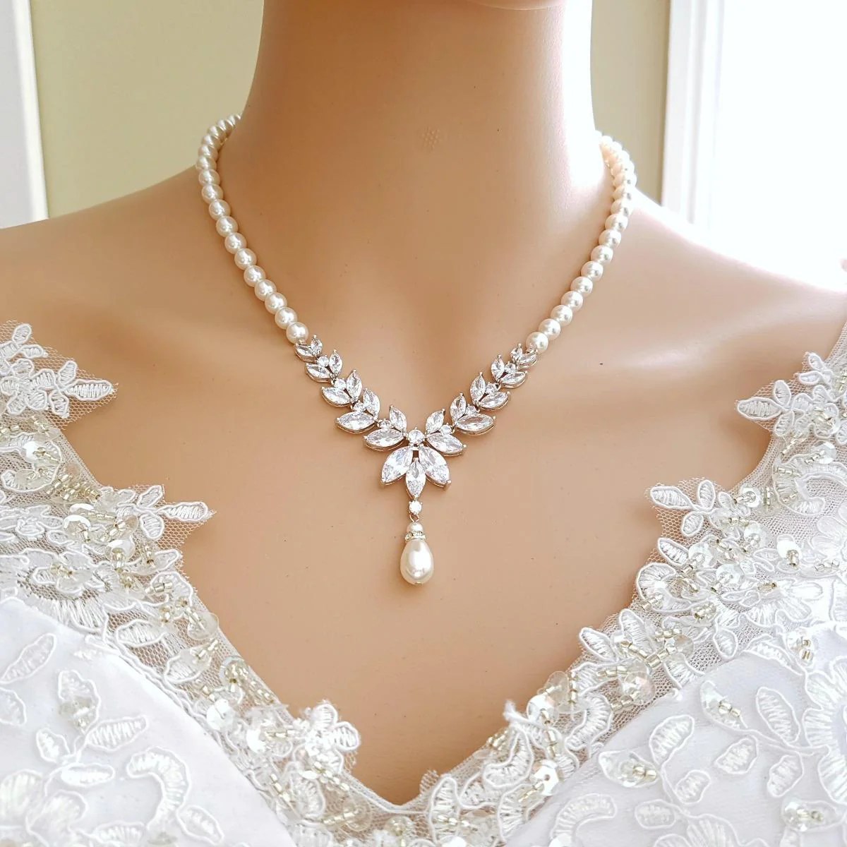 Back necklace wedding pearl necklaces charm large weddingomania crystal bridal